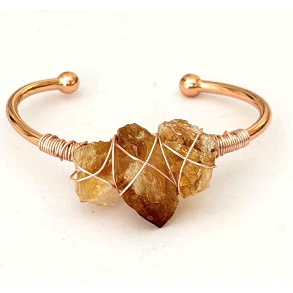 Raw Citrine Crystal Wire Wrapped Rose Gold Tone Cuff Bracelet Boho Statement